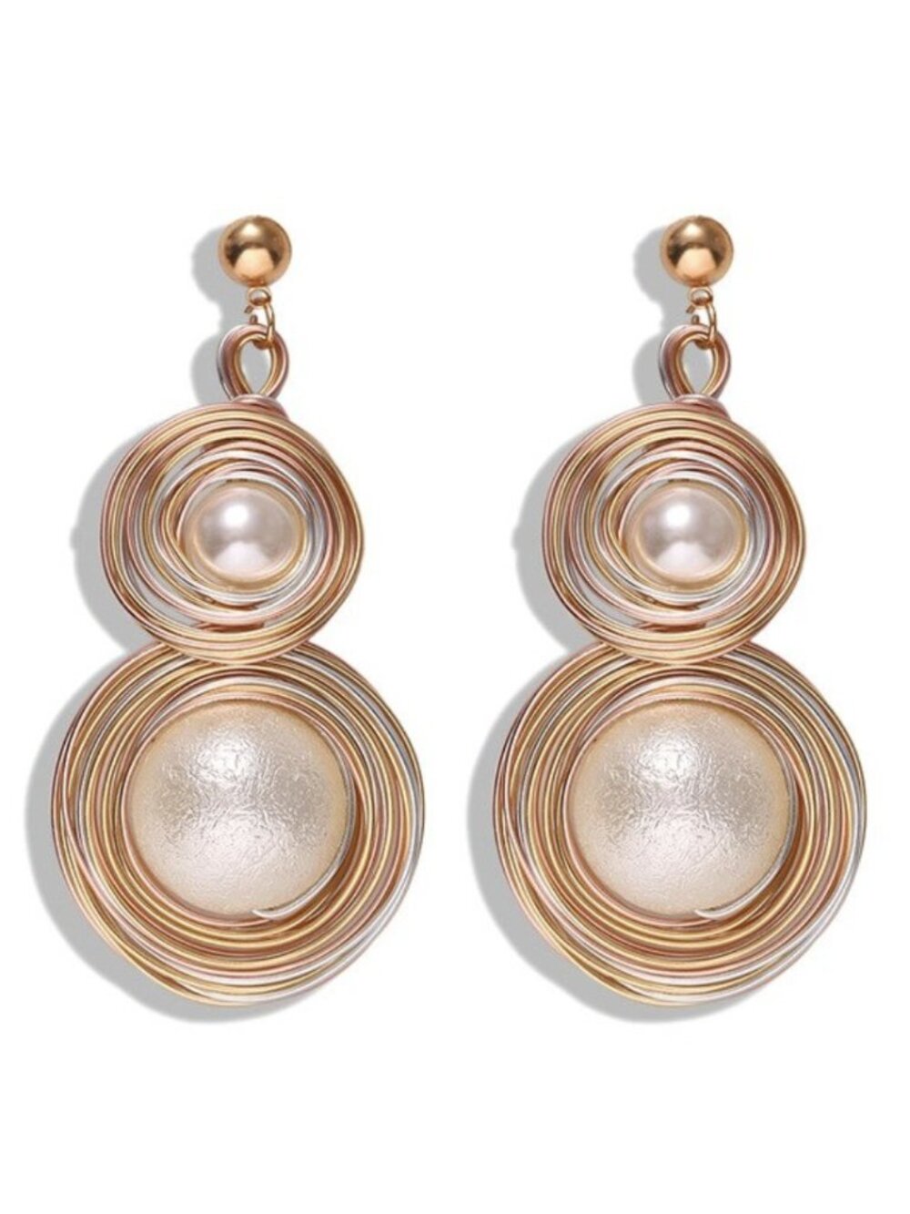 Large Pearl Wire Swirl Rose God Silver Contemporary Round Drop Elegant Earrings